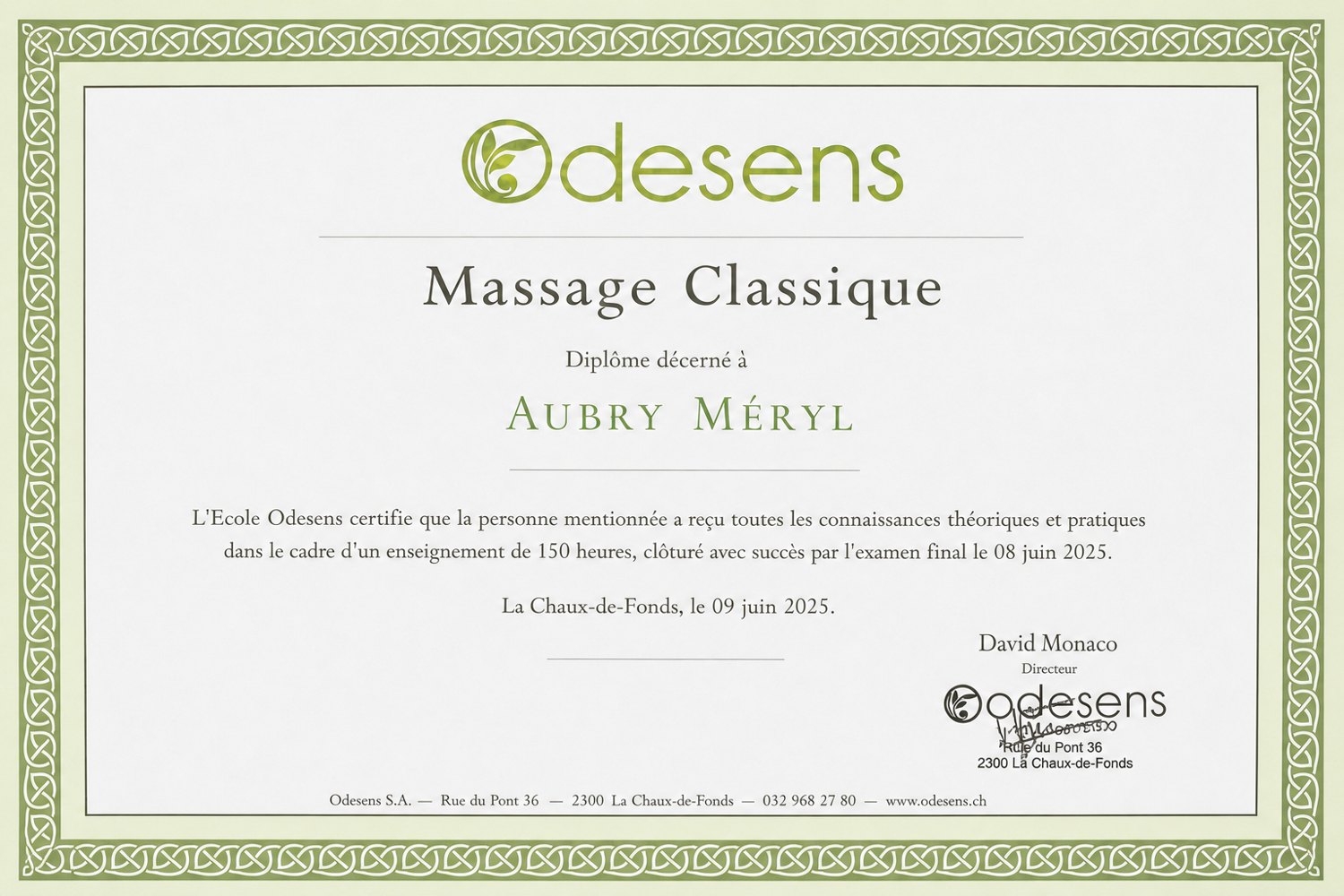 Diplôme Odesens — Massage classique